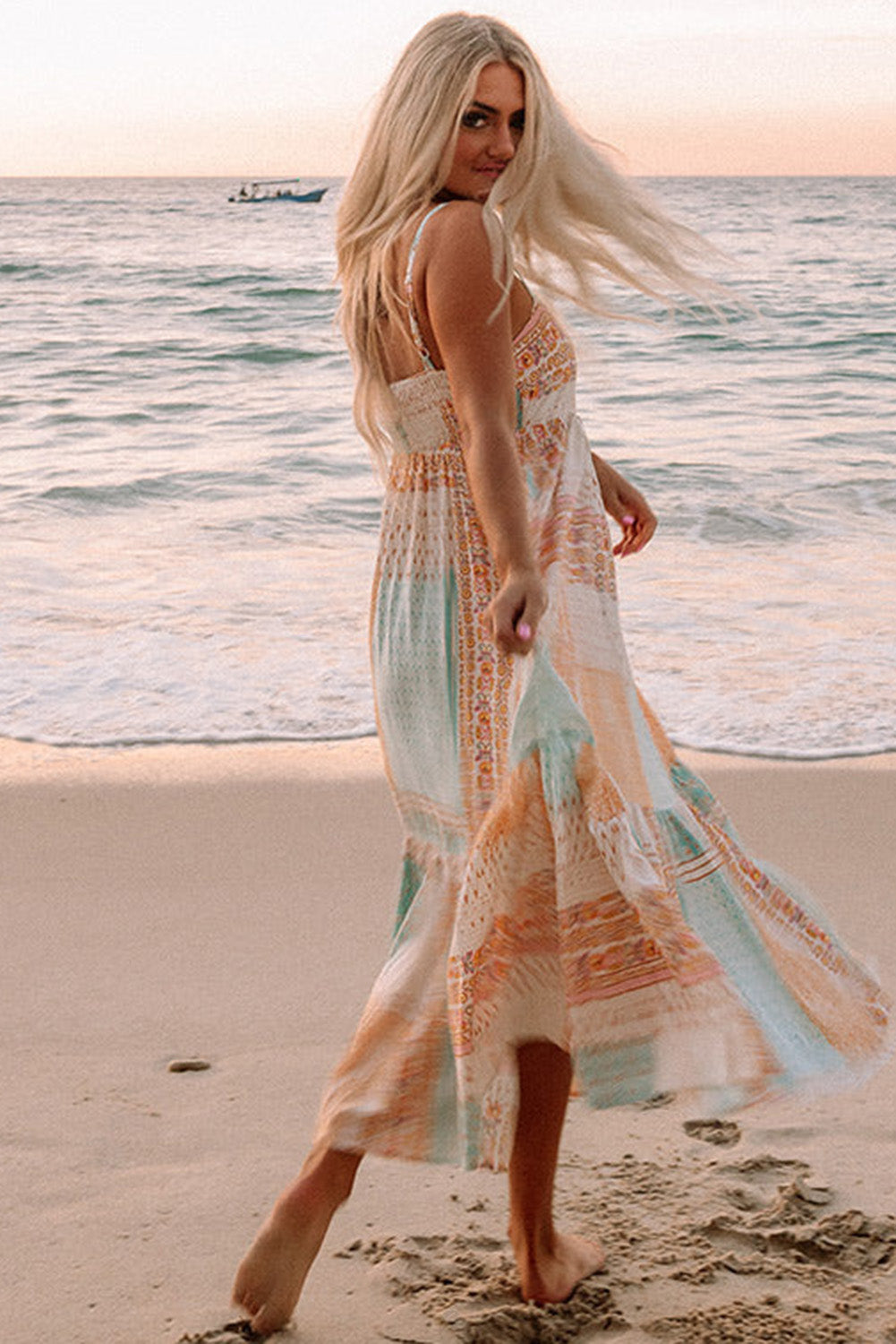 Women's Multicolor Boho Patchwork Print Square Neck Sundress