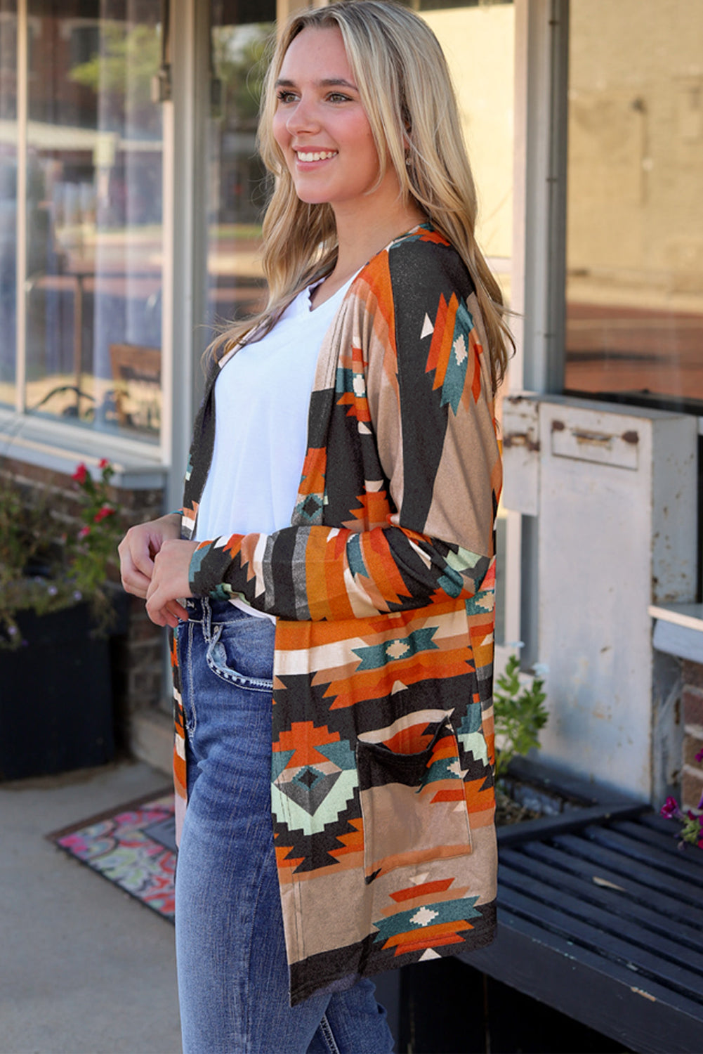 Western Tribal Aztec Print Cardigan Orange