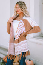 Women's Brown Western Furry Knit Tassel Hem Cardigan