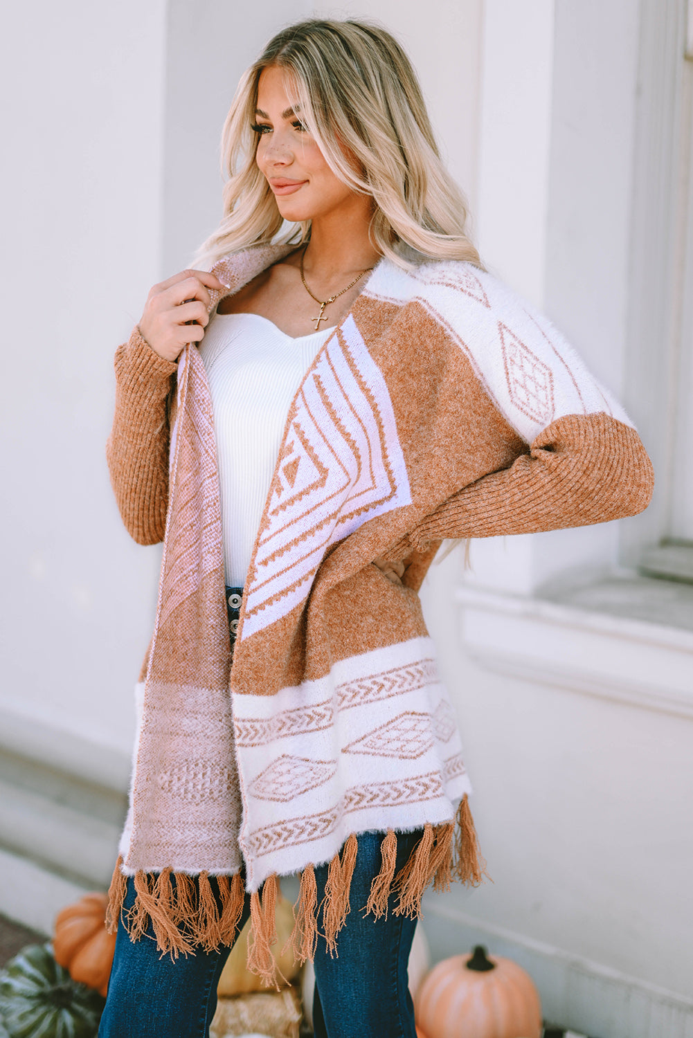 Women's Brown Western Furry Knit Tassel Hem Cardigan