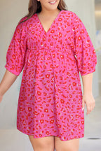 Rose Plus Size 3/4 Sleeves V Neck Leopard Dress