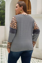 Leopard Plus Size Cow/Leopard Stripes Patchwork Long Sleeve Tee