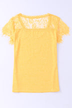 Yellow Lace Crochet Short Sleeve U Neck T Shirt