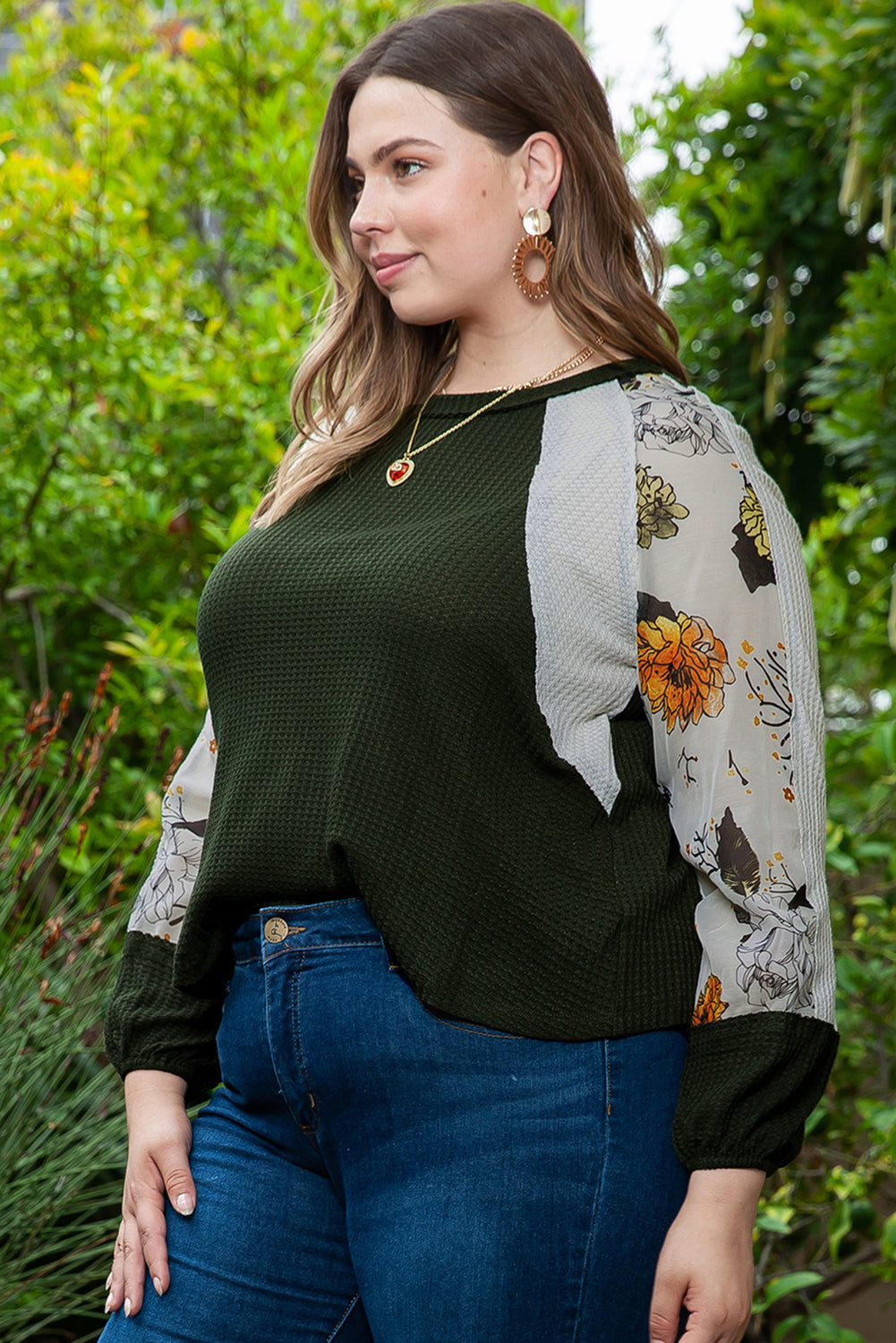 Green Plus Size Floral Raglan Colorblock Patchwork Knit Blouse