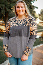 Leopard Plus Size Cow/Leopard Stripes Patchwork Long Sleeve Tee