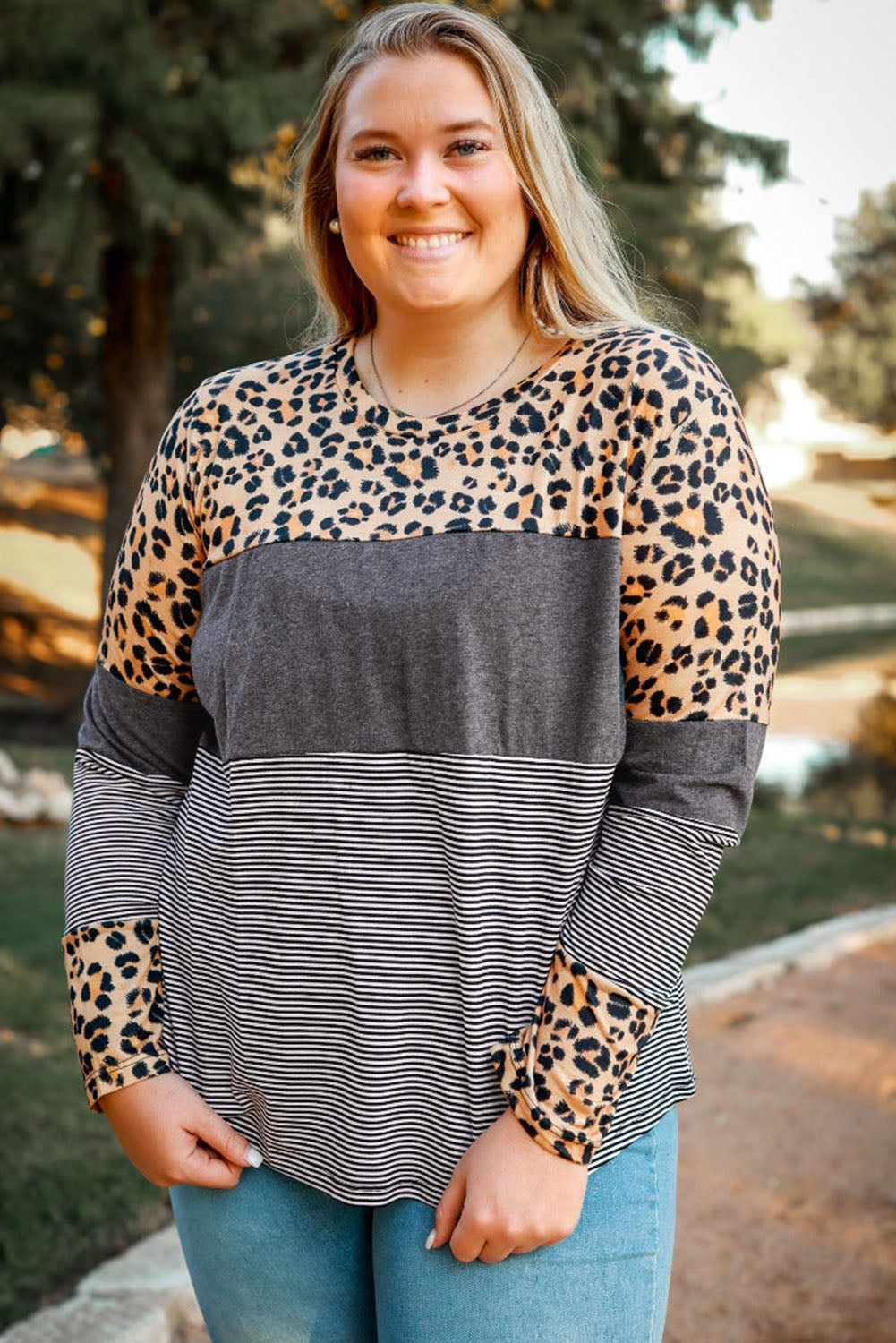 Leopard Plus Size Cow/Leopard Stripes Patchwork Long Sleeve Tee